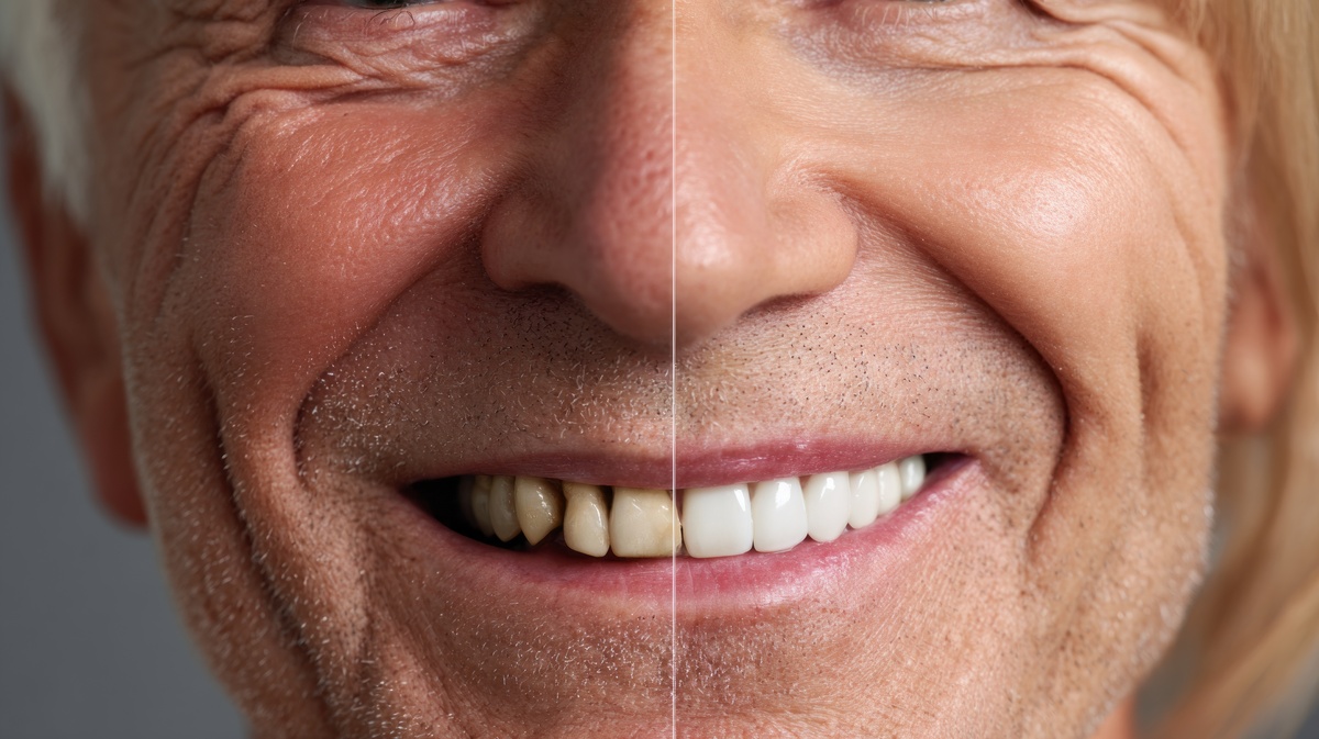 Transformation after dental prosthesis comparison showcasing improved smile and confidence
