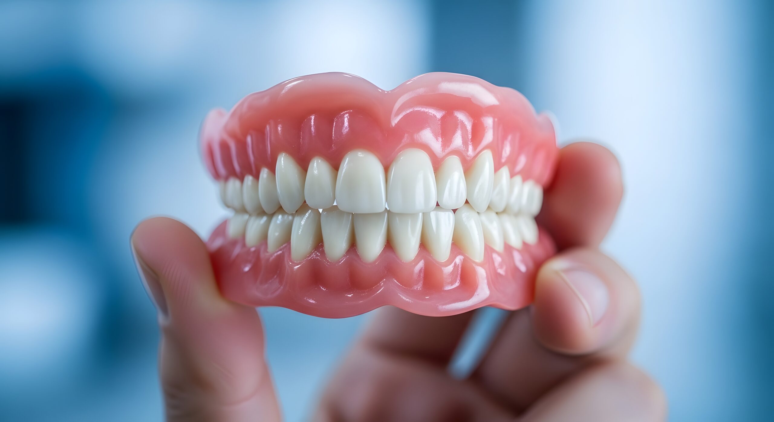 Dentist presenting dental prosthetics model during prosthodontic consultation for smile makeover